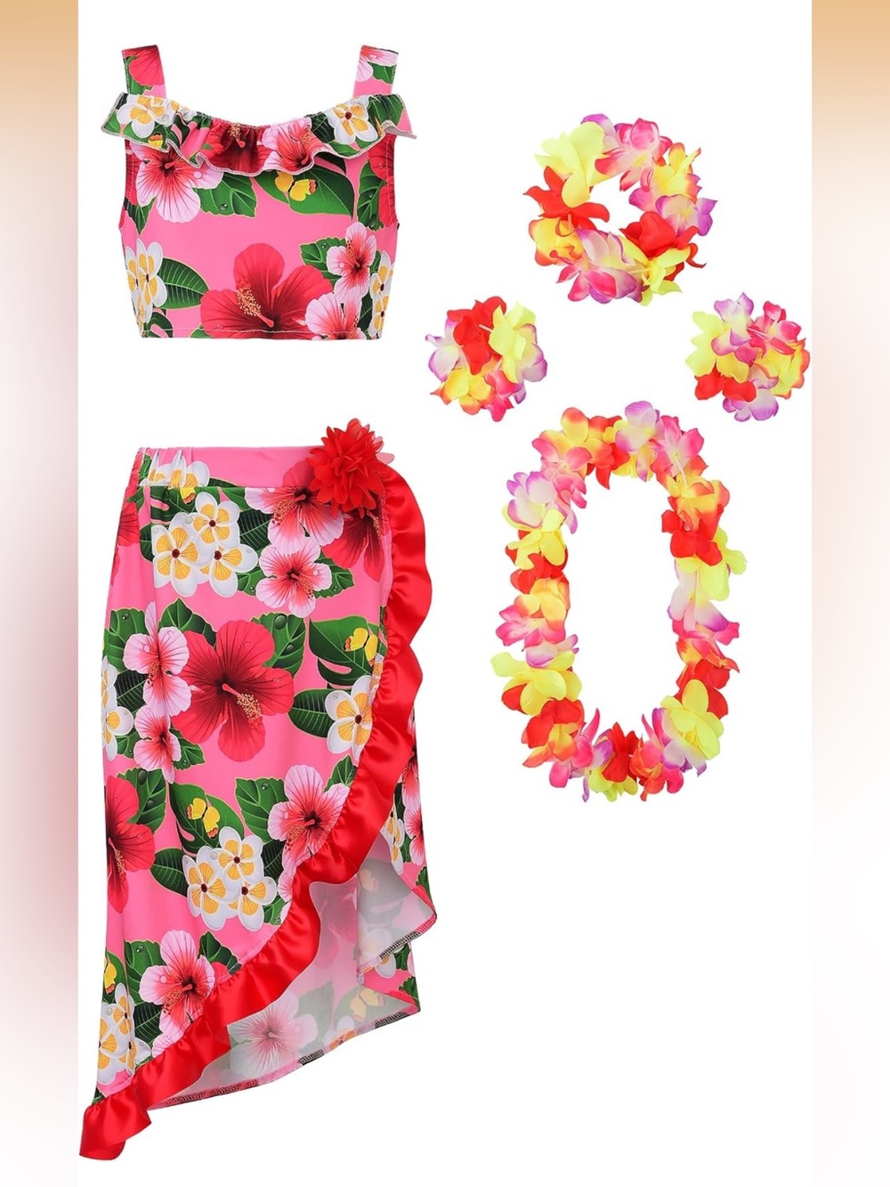 ReliBeauty Hawaiian Skirt Costume for Girls Red Flowers 6 Piece Kit 6. 2401/bb11